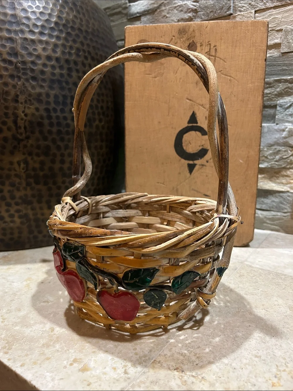 vintage handwoven wicker basket w/ rustic tree limb branch handle & 3D Apples
